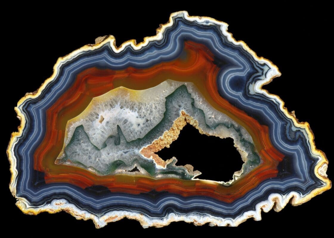 A Split Laguna Agate Geode Now on Two Modern Stands A Split Laguna Agate Geode Now on Two Modern Stands
