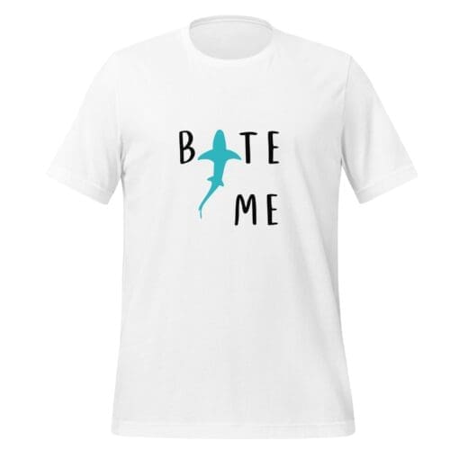 Unisex majica kratkih rukava s šaljivim motivima morskog psa "Ugrizi me" - bijela